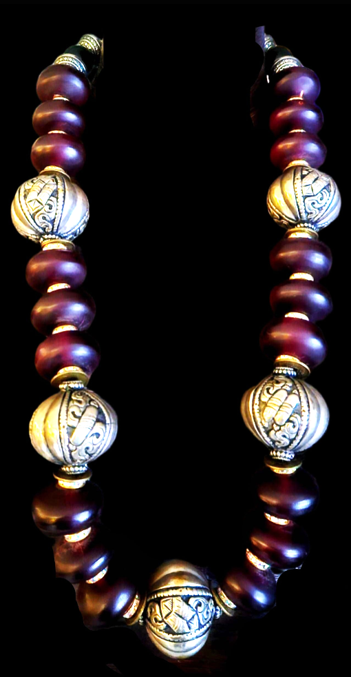 Burgundy Resin & Tibetan Silver Repousse Long Statement Necklace Rope