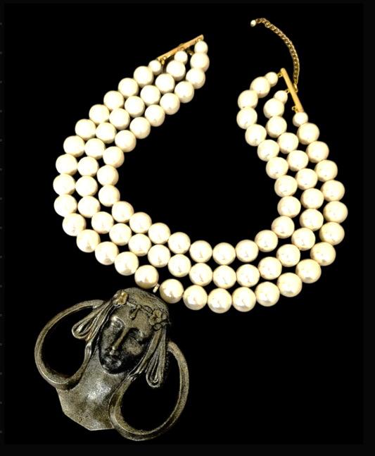 Art Nouveau Goddess Metal Pendant & Multi Strand Faux Pearl Luxe Necklace