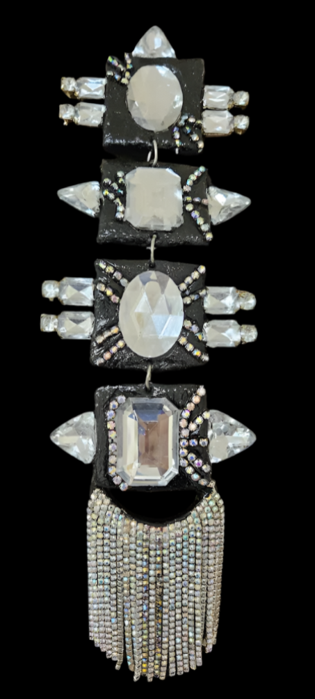 Black & Silver Art Deco Sculpted Statement Pendant - Rhinestone Tie