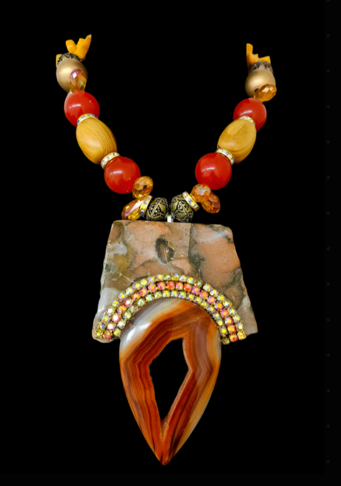 Jade & Wood Bead Necklace - Polished Leopard Jasper Slab Agate Pendant