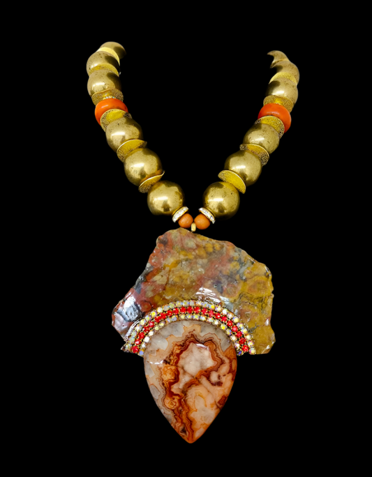 Jasper Slab & Druzy Agate Pendant - Vintage Brass Necklace