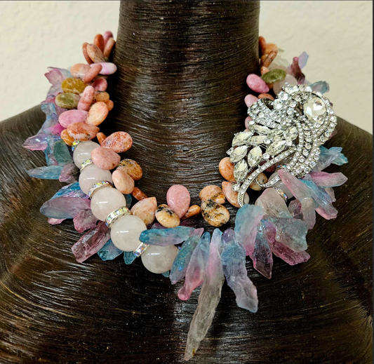 Pastel Gemstone Multi Strand Statement Necklace - Bridal Wedding
