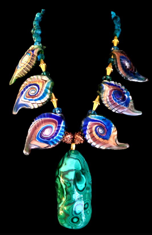 Polished Malachite Boulder Gemstone Pendant & Lampglass Leaf Necklace