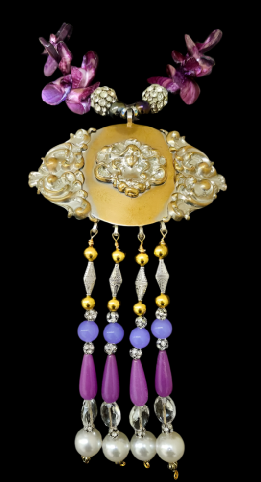 Upcycled Art Nouveau Goddess Brass Gemstone Pendant with Beaded Dangle