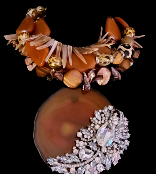 Caramel Agate & Bling Ornate Statement Necklace Pendant