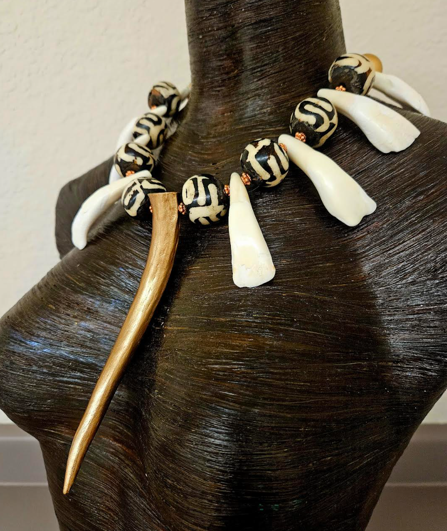 Antler Zebu Bone Buffalo Teeth & Wood Exotic Ethnic Unisex Chest Piece