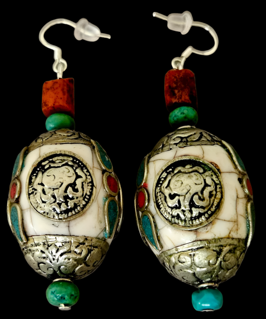 Bold & Chunky Tibetan Dragon Motif Dangle Pierced Earrings - OOAK
