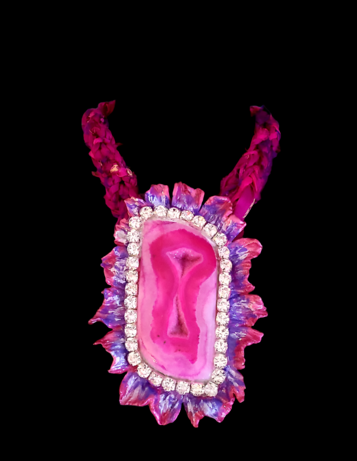 Hot Pink Druzy Agate Sculpted Rhinestone Pendant With Sari Silk Necklace