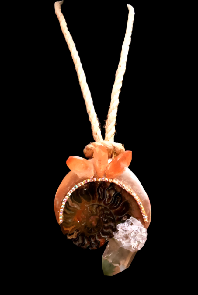 Ammonite Fossil & Quartz Point Sculpted Amulet With Hemp Rope