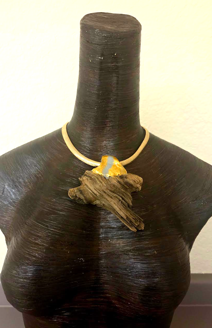 Sculpted Minimalist Driftwood Pendant On A Gold Tone Omega Chain