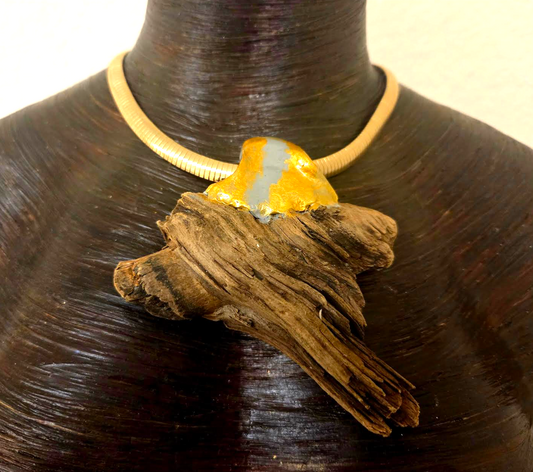 Sculpted Minimalist Driftwood Pendant On A Gold Tone Omega Chain
