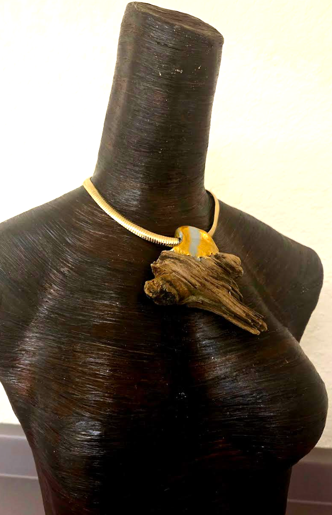 Sculpted Minimalist Driftwood Pendant On A Gold Tone Omega Chain