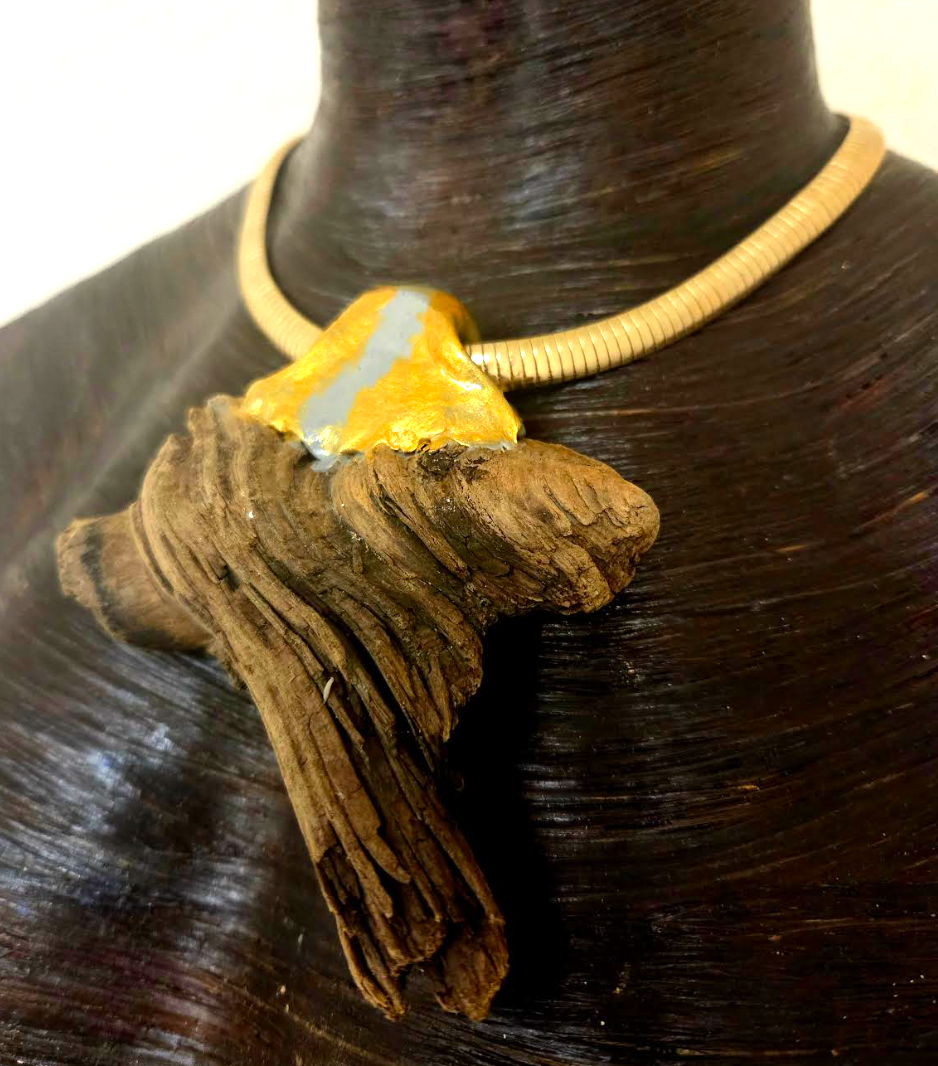 Sculpted Minimalist Driftwood Pendant On A Gold Tone Omega Chain