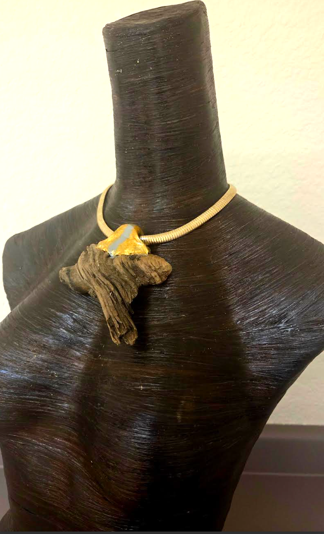Sculpted Minimalist Driftwood Pendant On A Gold Tone Omega Chain