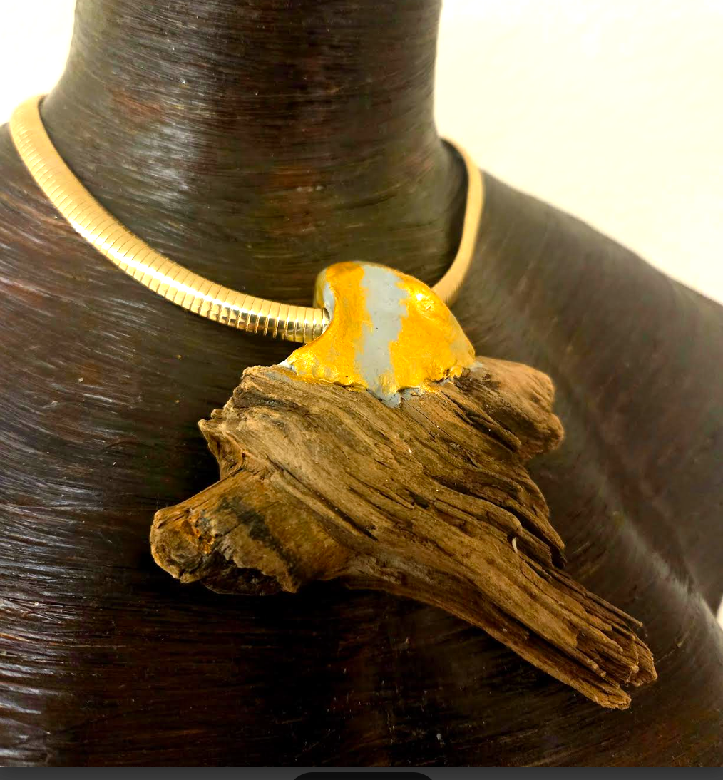 Sculpted Minimalist Driftwood Pendant On A Gold Tone Omega Chain