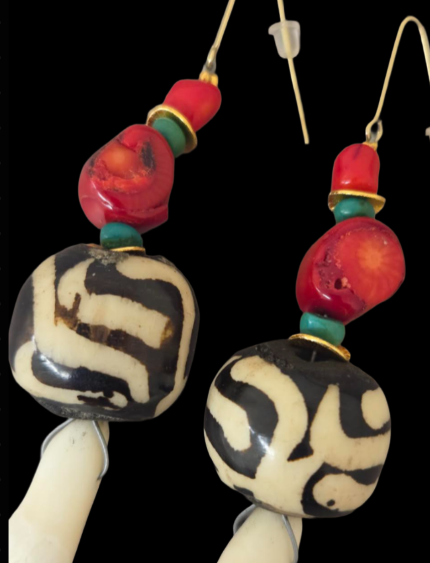 Teeth, Bone, Turquoise & Coral Wild Shoulder Duster Pierced Earrings