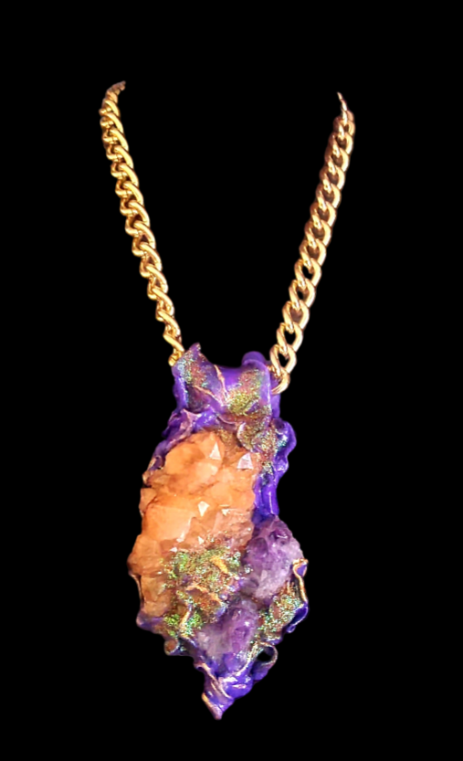 Rough Amethyst & Citrine Gemstone Sculpted Unisex Pendant - OOAK Art
