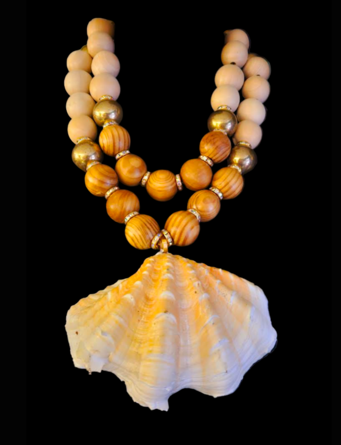 Oversized Brass Wood Beaded Two Strand Luxury Necklace with Clam Shell