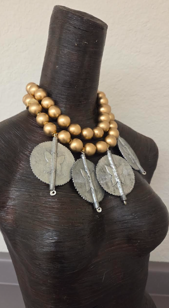 African Sun Disk Pendant Tribal Statement Necklace - Gold Metallic Wood Beaded Choker - OOAK Ethnic Neck Candy