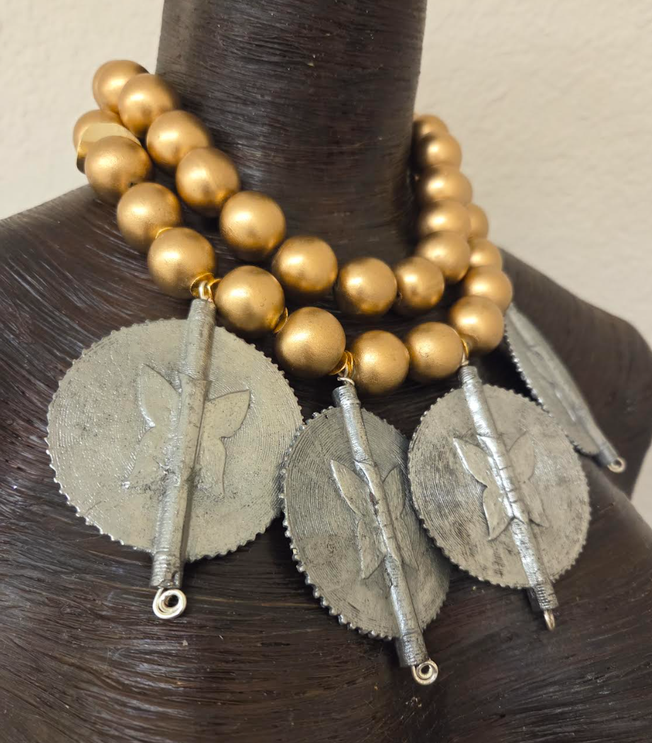 African Sun Disk Pendant Tribal Statement Necklace - Gold Metallic Wood Beaded Choker - OOAK Ethnic Neck Candy