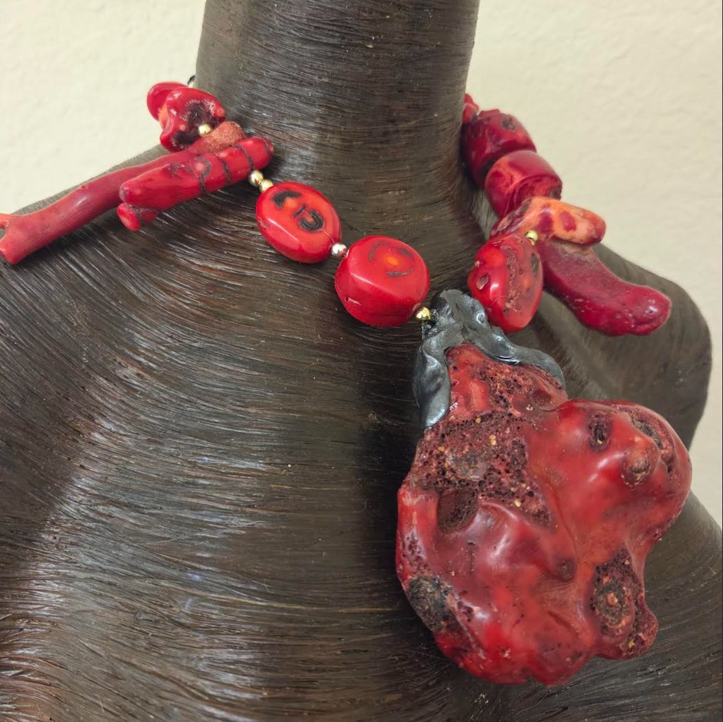 Freeform Red Coral Pendant Statement Necklace - Avant Garde Asymmetrical Coral Neck Candy