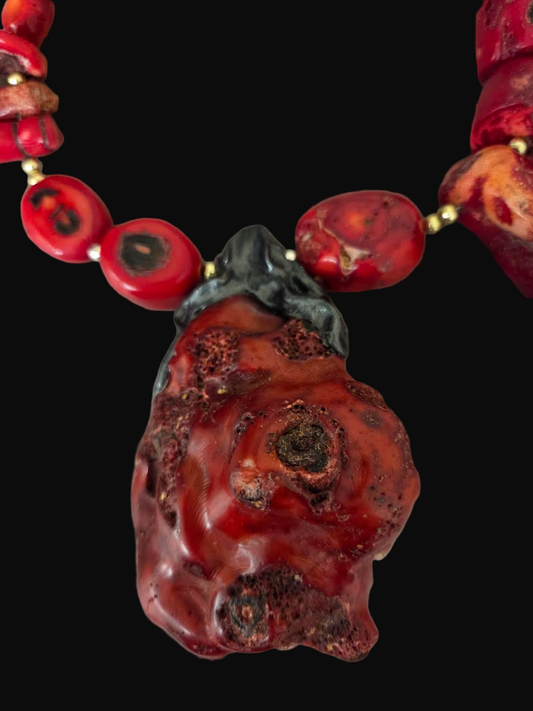 Freeform Red Coral Pendant Statement Necklace - Avant Garde Asymmetrical Coral Neck Candy