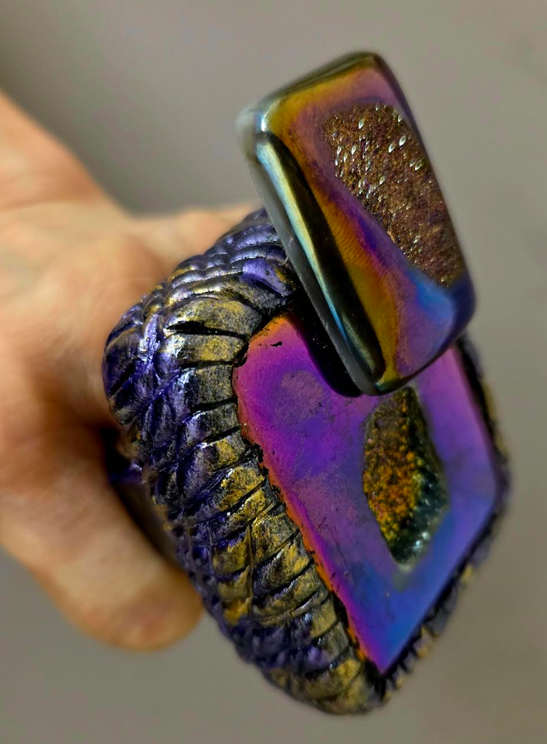 Unisex Blue & Purple Titanium Druzy Sculpted Hand Ring - Flashy