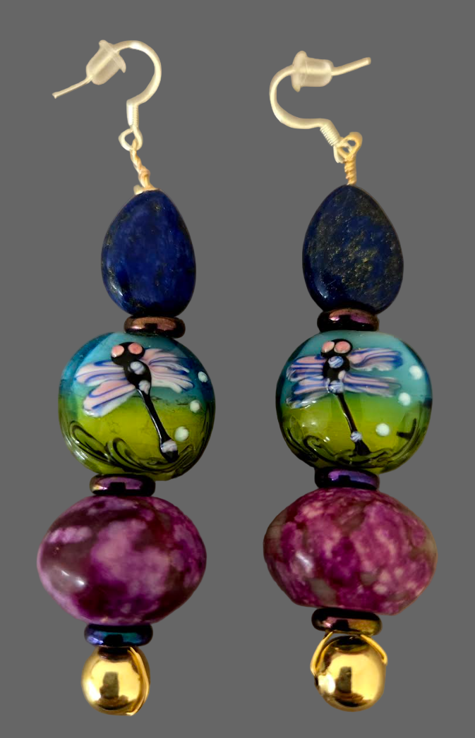Jewel Tone Beaded Dangle Pierced Earrings, Art Nouveau Insect Lampwork