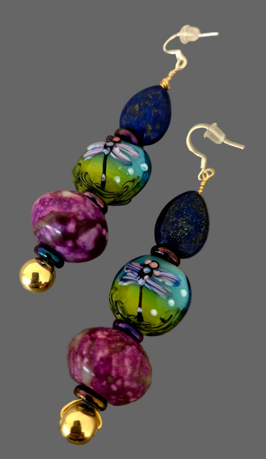 Jewel Tone Beaded Dangle Pierced Earrings, Art Nouveau Insect Lampwork