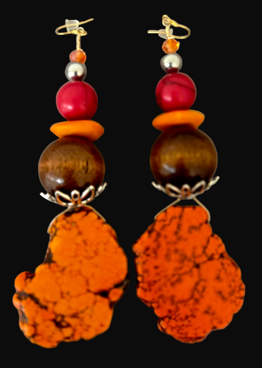 Orange Sea Sediment Slab Shoulder Duster Pierced Earrings - Autumn