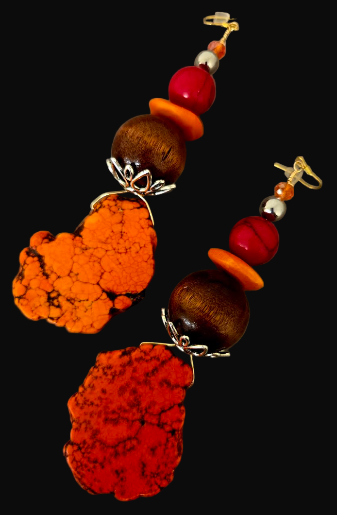 Orange Sea Sediment Slab Shoulder Duster Pierced Earrings - Autumn