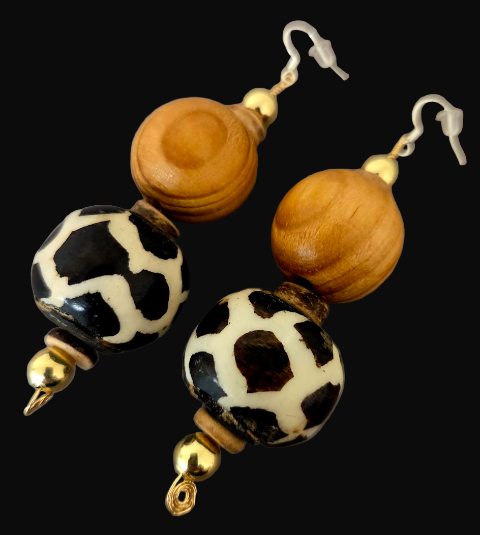 Bold Beaded African Batik Tribal Dangle Pierced Earrings - OOAK Art