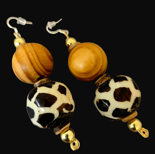 Bold Beaded African Batik Tribal Dangle Pierced Earrings - OOAK Art