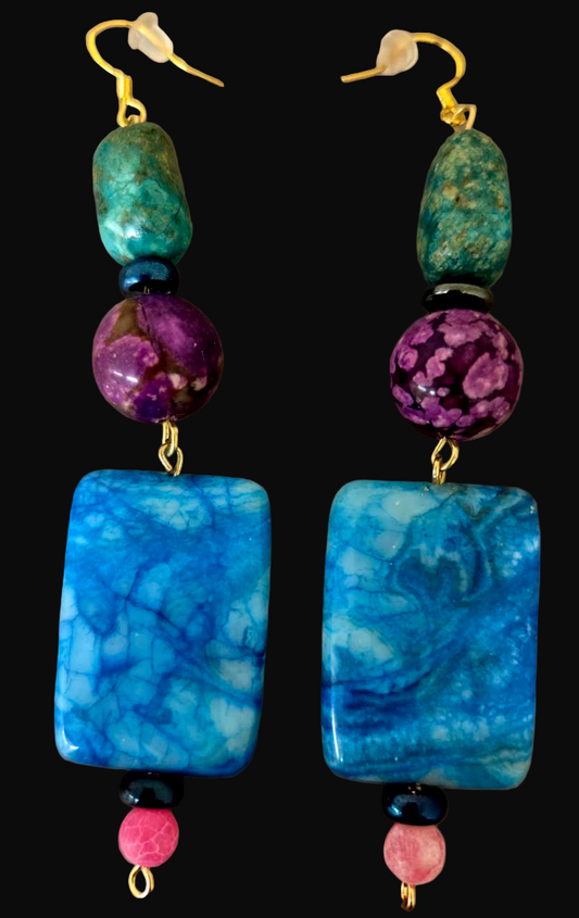 Colorful Beaded Mixed Gemstone Dangle Pierced Earrings - Bold OOAK