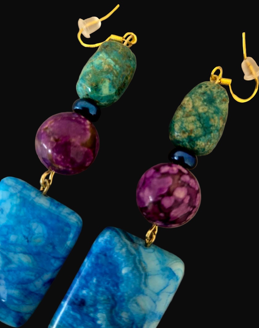 Colorful Beaded Mixed Gemstone Dangle Pierced Earrings - Bold OOAK