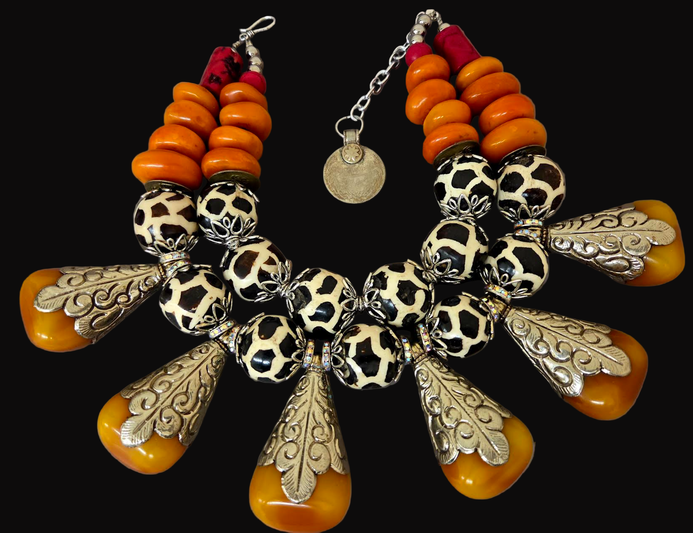 African Tibetan Oversized Batik Bone Tribal Statement Necklace with Teardrop Resin Pendants