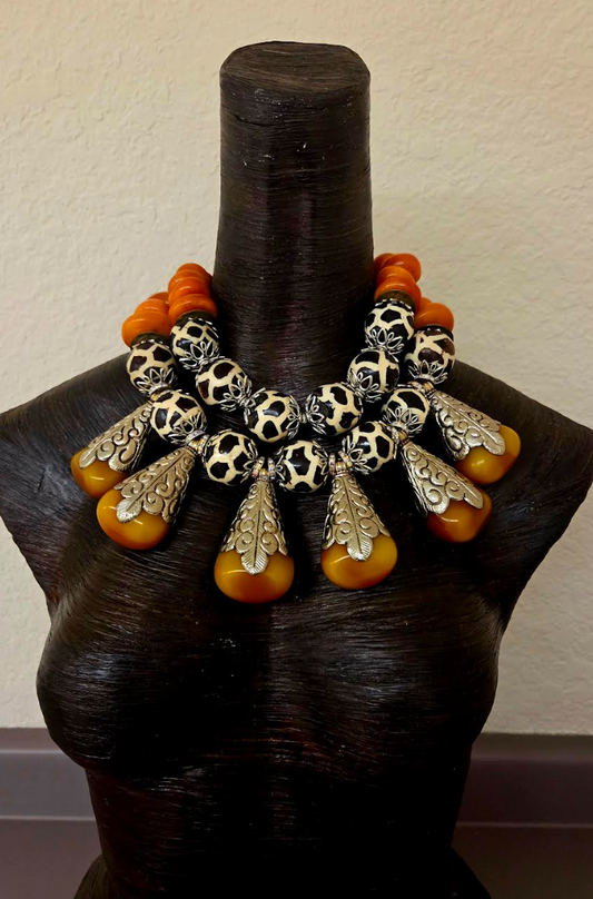 African Tibetan Oversized Batik Bone Tribal Statement Necklace with Teardrop Resin Pendants