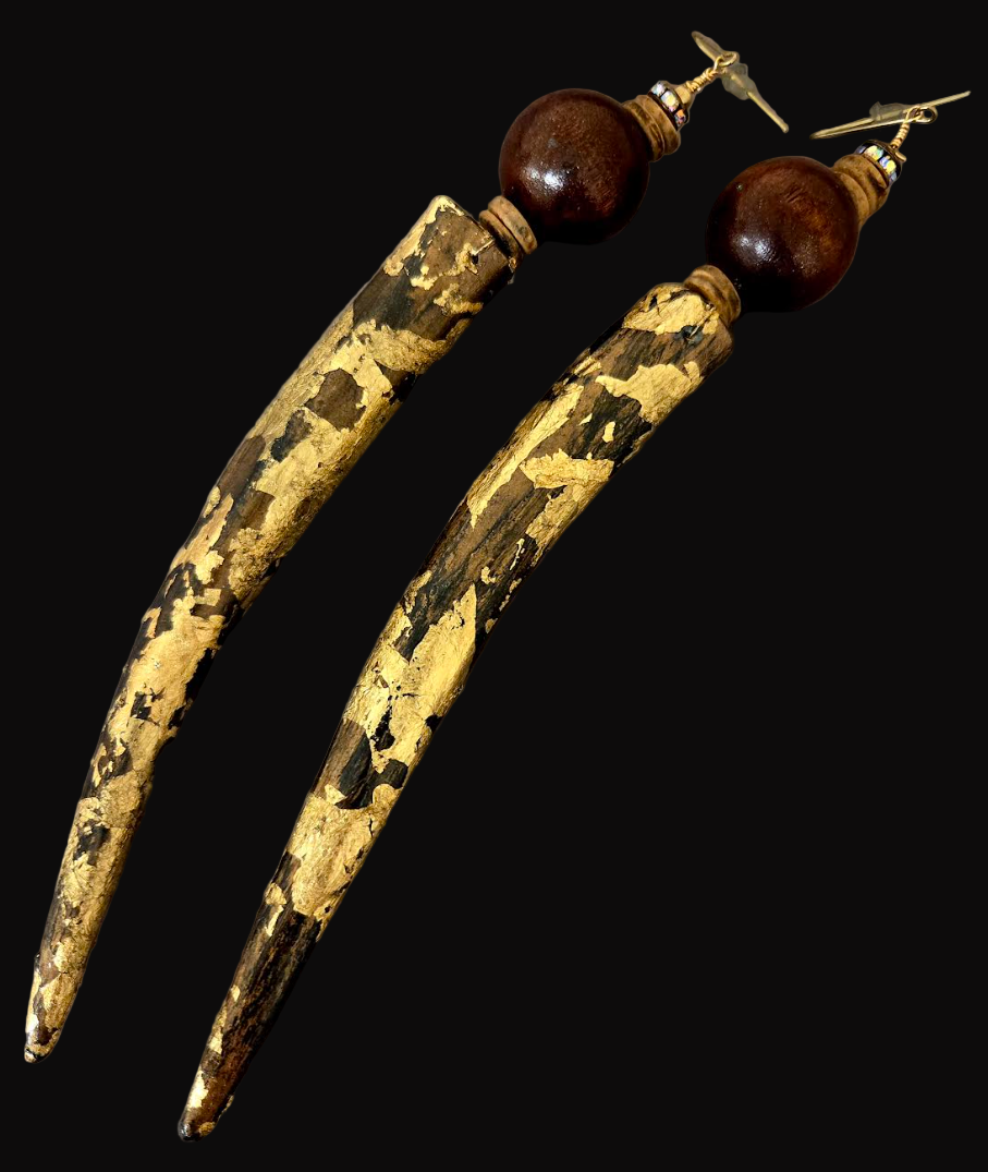 Animal Print Antler Shoulder Duster Pierced Earrings - Gold Leaf Foil