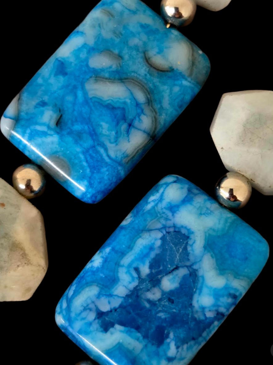 Blue Crazy Lace & Faceted Amazonite Gemstone Dangle Pierced Earrings