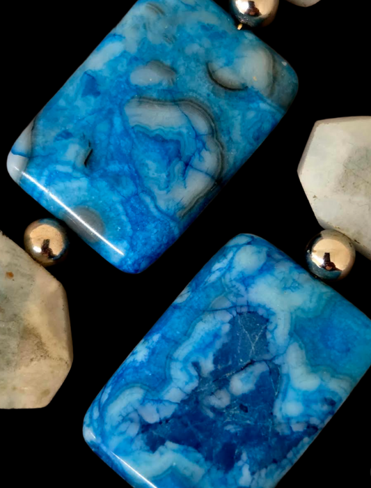 Blue Crazy Lace & Faceted Amazonite Gemstone Dangle Pierced Earrings