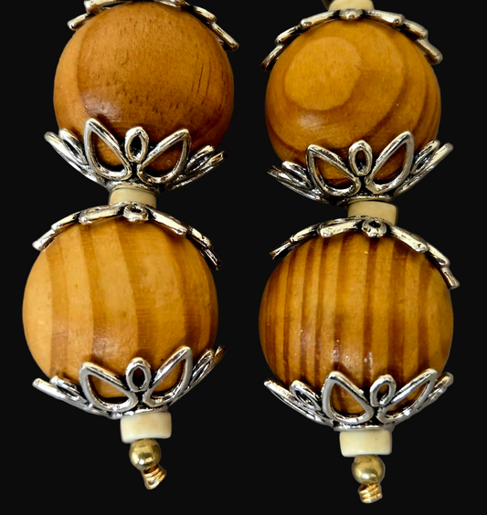 Oversized Blonde Wood Beaded Dangle Pierced Earrings - Earth Tone