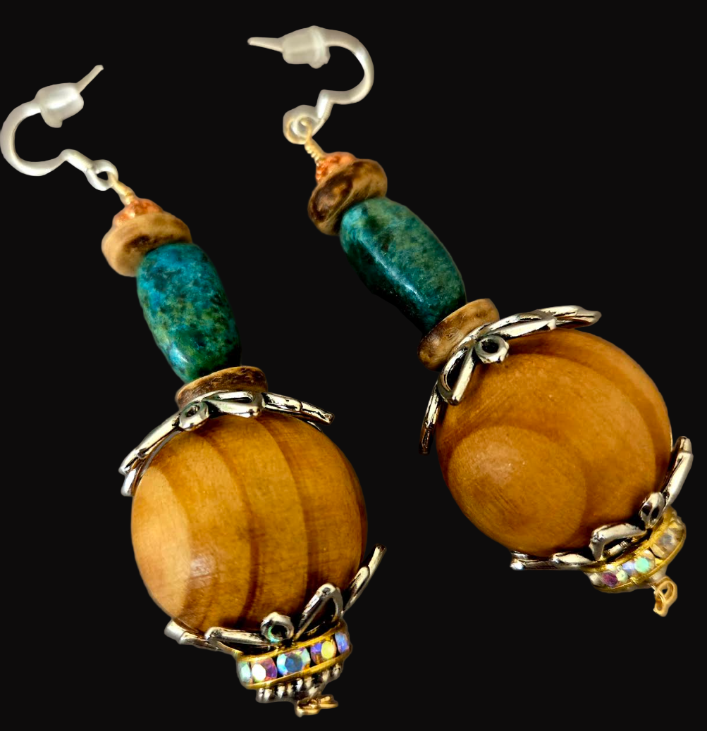 Wood, Turquoise & Rhinestone Beaded Dangle Pierced Earrings - OOAK Art