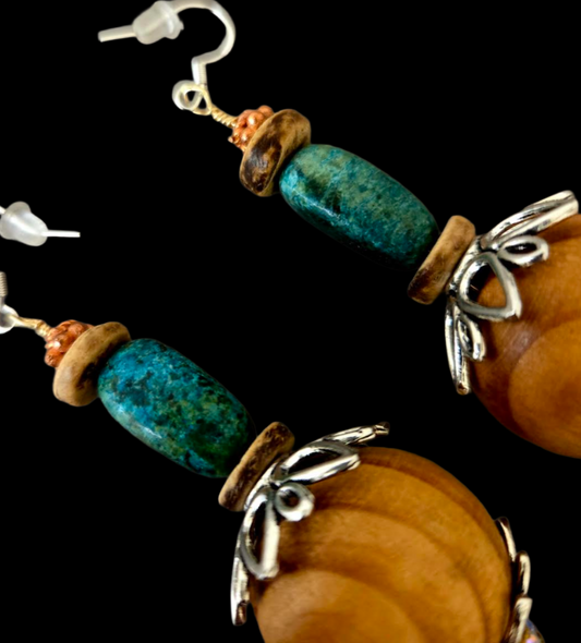 Wood, Turquoise & Rhinestone Beaded Dangle Pierced Earrings - OOAK Art