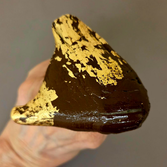 Adjustable Glossy Brown Driftwood Statement Ring with Gold Leaf - Unisex