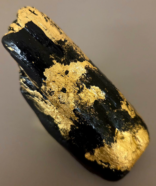 Oversized Black Driftwood & Gold Leaf Androgynous Adjustable Ring - OOAK Art