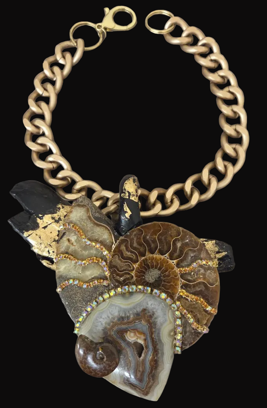 Ammonite Druzy Agate Gold Driftwood Pendant - OOAK