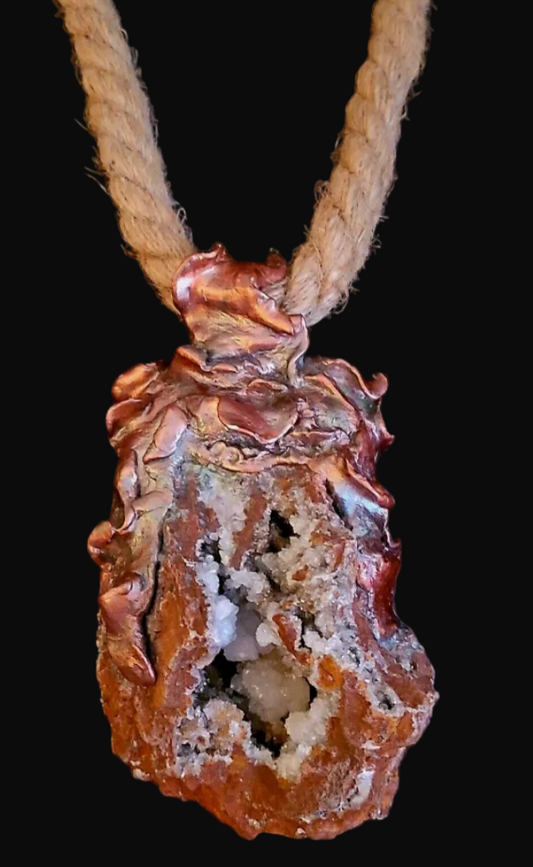 Rustic Crystal Geode Pendant - Hemp Rope Chest Piece Men