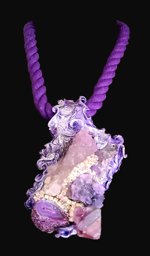 Amethyst Fluorite & Geode Sculpted Rope Pendant - Purple
