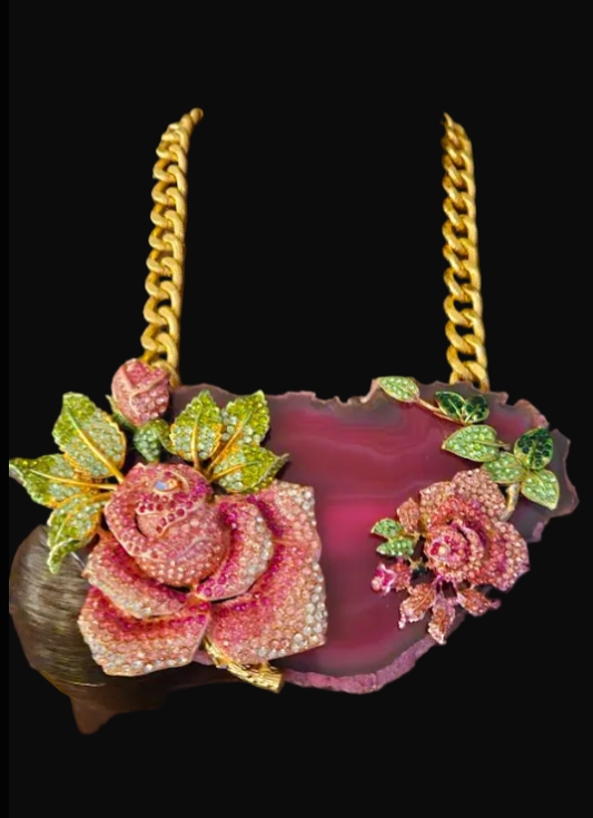 Fuchsia Agate & Ornate Rhinestone Roses Breast Plate - Wedding Bridal