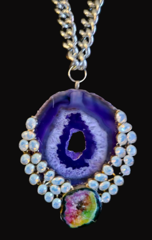 Purple Agate Moonstone & Solar Quartz Oversized Pendant - Rocker Chic